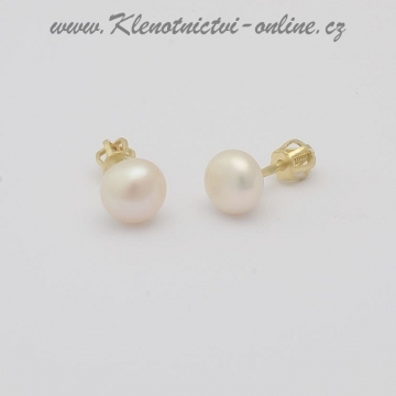Zlaté náušnice na šroubek zdobené bílou perlou